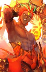 Rule 34 | 1boy, abs, alternate hairstyle, armor, ashwatthama (fate), bare shoulders, dark-skinned male, dark skin, fate/grand order, fate (series), fighting stance, fire, fire, gem, glowing, glowing eyes, gradient hair, green hair, highres, holding, holding weapon, huge weapon, looking at viewer, male focus, multicolored hair, muscular, nipples, pectorals, red armor, red hair, revealing clothes, simple background, solo, streaked hair, takashi (huzakenna), teeth, topless male, upper body, weapon, wheel, yellow eyes