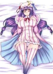 Rule 34 | 1girl, blush, breasts, bulge, covered erect nipples, crescent, dress, erection, erection under clothes, futanari, hat, highres, large breasts, long hair, panties, patchouli knowledge, penis, purple eyes, purple hair, red-rum, ribbon, solo, striped clothes, striped panties, striped thighhighs, thighhighs, touhou, underwear, vertical-striped clothes, vertical-striped thighhighs, very long hair, white thighhighs