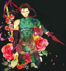 Rule 34 | 1boy, ahoge, bad id, bad pixiv id, black background, diarmuid ua duibhne (lancer) (fate), dual wielding, fate/zero, fate (series), floral background, flower, gae buidhe (fate), gae dearg (fate), holding, male focus, mole, mole under eye, polearm, red flower, red hair, red rose, rose, solo, spear, weapon, youaresober