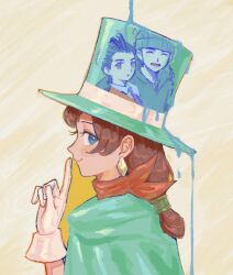 Rule 34 | 1girl, ace attorney, apollo justice, apollo justice: ace attorney, beanie, blue cape, blue eyes, blue headwear, brown hair, cape, diamond earrings, earrings, facial hair, finger to mouth, from side, gloves, hat, highres, jewelry, long hair, long sleeves, looking at viewer, low-tied long hair, magician, open mouth, phoenix wright, portrait, profile, red scarf, reflection, renshu usodayo, scarf, short hair, shushing, smile, stubble, top hat, trucy wright, upper body, white gloves