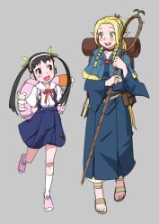 Rule 34 | 2girls, arms behind back, backpack, bag, bakemonogatari, bandaid, bandaid on knee, bandaid on leg, black hair, blonde hair, blue capelet, blue robe, blue skirt, braid, brown eyes, capelet, choker, collared shirt, commentary request, crossover, dungeon meshi, elf, fang, green eyes, green ribbon, grey background, hachikuji mayoi, hair around ear, hair ribbon, hairband, highres, holding, holding staff, hood, hooded capelet, itoma mahimahi, long hair, looking at another, low twin braids, marcille donato, monogatari (series), multiple braids, multiple girls, open mouth, pink bag, pointy ears, red choker, red ribbon, ribbon, robe, sandals, shirt, short sleeves, skirt, sprout, staff, standing, standing on one leg, suspender skirt, suspenders, teeth, twin braids, twintails, upper teeth only, white hairband, white shirt