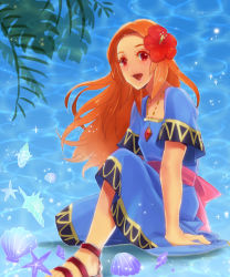 Rule 34 | 1girl, :d, blue dress, dress, flower, hair flower, hair ornament, highres, jewelry, long hair, looking at viewer, maki soyogo, marin (zelda), necklace, nintendo, open mouth, orange hair, red eyes, sandals, seashell, shell, short sleeves, sitting, smile, solo, starfish, the legend of zelda, the legend of zelda: link&#039;s awakening, water