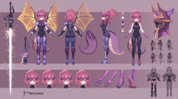 Rule 34 | 1girl, armor, ass, black bodysuit, bodysuit, breasts, character sheet, color guide, energy sword, from behind, from side, full body, grape (vtuber), highres, horns, indie virtual youtuber, large breasts, leg armor, medium hair, multiple views, pointy ears, ponytail, red hair, roober, shoulder armor, sleeveless, sleeveless bodysuit, smile, straight-on, sword, tail, tight clothes, twitter username, virtual youtuber, weapon, wings