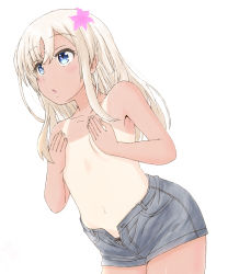 Rule 34 | 1girl, :o, blonde hair, blue eyes, blush, breast hold, breasts, covering privates, covering breasts, highres, kantai collection, kyouta (02squadstars), long hair, ro-500 (kancolle), short shorts, shorts, simple background, solo, tan, tanline, topless, unzipped, white background