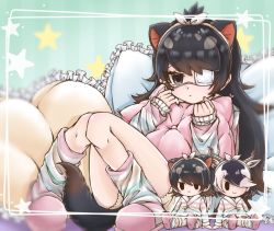 Rule 34 | 3girls, alternate costume, antelope ears, antelope horns, australian devil (kemono friends), bad id, bad twitter id, black hair, blackbuck (kemono friends), blue pajamas, boots, bow, commentary request, extra ears, hair bow, hairband, highres, holding, holding pillow, hugging object, kemono friends, kemono friends 3, long hair, long sleeves, matching outfits, mofumofu arikui, multicolored clothes, multicolored hair, multicolored pajamas, multiple girls, pajamas, pillow, pillow hug, pink pajamas, short hair, shorts, sitting, striped clothes, striped pajamas, tasmanian devil (kemono friends), tasmanian devil ears, tasmanian devil tail, two-tone hair, white hair, yellow pajamas