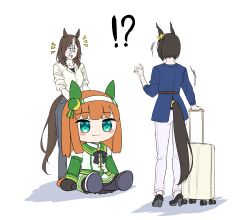 Rule 34 | !?, 2girls, absurdres, air groove (umamusume), animal ears, black footwear, black hair, black ribbon, blue eyes, blue jacket, blunt bangs, blunt ends, blush, brown hair, character doll, commentary request, doqute stuffed doll, ear covers, full body, hairband, hand up, high heels, highres, holding, holding suitcase, horse ears, horse girl, horse tail, jacket, long hair, long sleeves, mother and daughter, multiple girls, neck ribbon, notice lines, open mouth, orange hair, oversized object, pants, ribbon, rolling suitcase, shirt, silence suzuka (umamusume), simple background, sitting, skirt, smile, standing, stuffed toy, sugamo (rainysnowy108), suitcase, tail, trembling, umamusume, white background, white hairband, white jacket, white pants, white shirt, white skirt