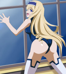 Rule 34 | 10s, 1girl, against glass, ass, bare shoulders, bent over, blonde hair, blue eyes, blush, bodysuit, breasts, cecilia alcott, come hither, female focus, from behind, hairband, highres, infinite stratos, long hair, looking at viewer, looking back, masoppo, naughty face, open mouth, pilot suit, shiny skin, sideboob, smile, solo, thighhighs