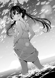Rule 34 | 1girl, absurdres, airandou, back, blush, closed mouth, clothes lift, cloud, commentary request, dress, dress lift, greyscale, highres, lifting own clothes, long hair, looking at viewer, monochrome, ocean, original, pussy juice, sky, sleeveless, sleeveless dress, smile, solo, standing, sun, sunset, sweat, twintails, wading, water
