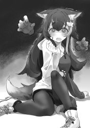 Rule 34 | 1girl, animal ears, bad id, bad twitter id, blush, crying, disembodied limb, greyscale, highres, hololive, hood, hoodie, leggings, long hair, looking at viewer, mochiyuki (gigfor1), monochrome, ookami mio, ookami mio (casual), open hands, open mouth, scared, sitting, solo, tail, trembling, two-tone hoodie, virtual youtuber, wolf ears, wolf girl, wolf tail