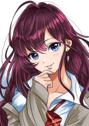 Rule 34 | 1girl, blue eyes, blush, bow, bowtie, brown hair, collarbone, collared shirt, earrings, hair between eyes, ichinose shiki, idolmaster, idolmaster cinderella girls, jewelry, long hair, looking at viewer, parted lips, plaid, plaid bow, plaid bowtie, plaid neckwear, red bow, red bowtie, shirt, simple background, solo, tsukikage oyama, upper body, very long hair, white background, white shirt, wing collar