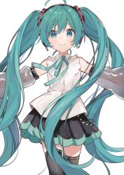 Rule 34 | 1girl, ahoge, aqua eyes, aqua hair, aqua ribbon, bare shoulders, chiri (ch!), closed mouth, collared shirt, commentary, detached sleeves, eyebrows hidden by hair, hatsune miku, hatsune miku (nt), headphones, long hair, looking at viewer, miniskirt, neck ribbon, outstretched arms, piapro, pleated skirt, ribbon, see-through, see-through sleeves, shirt, shoulder tattoo, simple background, skirt, sleeveless, smile, solo, spread arms, tattoo, thighhighs, twintails, very long hair, vocaloid, white background, zettai ryouiki
