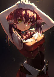 Rule 34 | 1girl, armpits, arms up, black background, bodysuit, breasts, cleavage, covered navel, cowboy shot, gloves, heterochromia, hololive, houshou marine, kyou-chan, looking at viewer, medium breasts, navel, red eyes, red hair, see-through, see-through cleavage, short twintails, solo, twintails, virtual youtuber, white gloves, yellow eyes