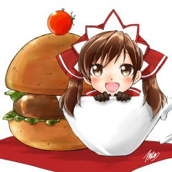 Rule 34 | 00s, 1girl, alicia melchiott, blush stickers, brown eyes, brown hair, burger, cherry tomato, chibi, cup, food, gloves, hair ribbon, long hair, looking at viewer, mar0maru, mini person, minigirl, open mouth, ribbon, senjou no valkyria (series), shiny skin, signature, solo, teacup, tomato, twintails, white background