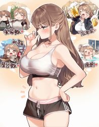 Rule 34 | 2girls, :d, alcohol, bath, beer, black shorts, blush, breasts, brown eyes, brown hair, chopsticks, cleavage, closed mouth, collarbone, commentary request, cup, duplicate, eating, finger to mouth, food, hand on own hip, highres, holding, holding chopsticks, holding cup, large breasts, long hair, midriff, mochi, multiple girls, navel, open mouth, original, partially submerged, sakura yuki (clochette), scarf, shorts, smile, solo, sports bra, sportswear, towel, towel on head, translated, weight conscious