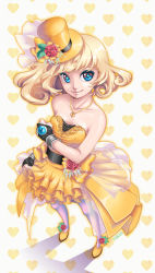 Rule 34 | + +, 00s, 1girl, artist name, battle mage (dungeon and fighter), blonde hair, blue eyes, curly hair, dress, dungeon and fighter, fingerless gloves, flower, from above, full body, gem, gloves, hat, heart, heart background, jewelry, looking away, mage (dungeon and fighter), mini hat, mini top hat, necklace, rose, saban, see-through, short hair, sleeveless, sleeveless dress, solo, standing, top hat, yellow dress