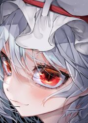 Rule 34 | 1girl, absurdres, black background, blush, close-up, closed mouth, commentary request, eyelashes, grey hair, hair between eyes, hat, headshot, highres, lips, looking at viewer, mob cap, portrait, red eyes, remilia scarlet, short hair, simple background, slit pupils, smile, solo, touhou, tsune (tune), white hat