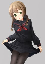 Rule 34 | 1girl, :p, black pantyhose, black sailor collar, black serafuku, black shirt, black skirt, braid, closed mouth, commentary request, green eyes, grey background, hair over shoulder, highres, long hair, long sleeves, low twintails, neckerchief, original, pantyhose, pleated skirt, puffy long sleeves, puffy sleeves, red neckerchief, sailor collar, school uniform, serafuku, shibacha, shirt, simple background, skirt, skirt hold, smile, solo, thighband pantyhose, tongue, tongue out, twin braids, twintails