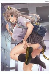 Rule 34 | 1girl, absurdres, animal ear fluff, animal ears, artist name, bag charm, blue eyes, breasts, charm (object), highres, large breasts, leg up, light brown hair, locker, locker room, long hair, looking at viewer, open mouth, page number, panties, scan, shinozuka jouji, shoes, short sleeves, skirt, smile, socks, solo, tail, tiger ears, tiger tail, toranoana, underwear, unworn shoes, water, water drop, wet