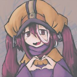 1girl absurdres bad_id bad_twitter_id commentary hair_between_eyes hands_up hat heart heart_hands highres iesonatana long_hair long_hair_between_eyes looking_at_viewer made_in_abyss multicolored_hair open_mouth purple_eyes purple_hair red_hair smile solo streaked_hair twintails upper_body vueko white_hair yellow_hat