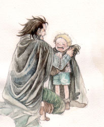 Rule 34 | 2boys, aged down, black hair, blonde hair, boots, chikama (minka), child, cloak, male focus, missing tooth, monkey d. dragon, multiple boys, one piece, painting (medium), sabo (one piece), traditional media, watercolor (medium)