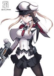 Rule 34 | 10s, 1girl, blonde hair, blue eyes, breasts, capelet, female focus, gloves, graf zeppelin (kancolle), hair between eyes, hat, hat tip, kantai collection, large breasts, long hair, looking at viewer, miniskirt, pantyhose, peaked cap, sakiyamama, skirt, solo, twintails, twitter username, uniform, white background