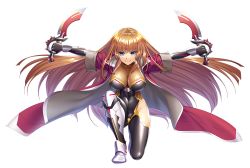 Rule 34 | 1girl, alternate costume, aoi nagisa (metalder), blue eyes, boots, breasts, brown hair, colored skin, dagger, fingerless gloves, full body, gloves, high heel boots, high heels, highres, hime cut, holding, holding weapon, knife, koukawa asuka, large breasts, lilith-soft, long hair, looking at viewer, looking to the side, official art, shiny clothes, shiny skin, smile, solo, taimanin (series), taimanin asagi, taimanin rpgx, thighhighs, very long hair, weapon, white skin