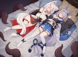 Rule 34 | 2girls, animal ear fluff, animal ears, black sleeves, blue dress, breasts, closed eyes, commentary, commission, detached sleeves, dress, english commentary, fox ears, fox girl, grey hair, highres, large breasts, long hair, lying, multiple girls, no shoes, on back, on bed, open mouth, original, pillow, red dress, tentacles, thighhighs, trimbil, variant set, white sleeves, white thighhighs