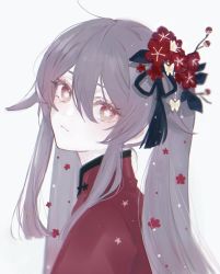 Rule 34 | 1girl, asa (1asa-0-asa1), black ribbon, brown hair, butterfly hair ornament, commentary, expressionless, flower, flower-shaped pupils, genshin impact, grey background, hair branch, hair flaps, hair flower, hair ornament, hair ribbon, hair tassel, head tilt, hu tao (genshin impact), long hair, looking at viewer, red eyes, red flower, red shirt, ribbon, shirt, simple background, solo, symbol-shaped pupils, tassel, tassel hair ornament, twintails, upper body, very long hair