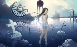 Rule 34 | 1girl, absurdres, bare arms, bare legs, barefoot, black eyes, blue sky, closed mouth, cloud, commentary, cross, day, dress, erchongbaojun, full body, hair between eyes, highres, long hair, looking at viewer, original, outdoors, reflection, reflective water, ripples, ruins, sky, sleeveless, sleeveless dress, solo, spaghetti strap, standing, very long hair, wading, water, white dress