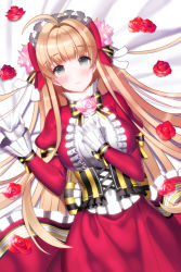 Rule 34 | 1girl, aile (crossroads), blonde hair, blush, bow, breasts, cinia pacifica, cinia pacifica (cosplay), cosplay, dress, flower, frilled dress, frills, gloves, green eyes, helena k sink, large breasts, long hair, looking at viewer, lying, on back, ribbon, rose, smile, solo, sword girls, very long hair