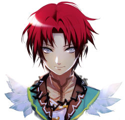 Rule 34 | 1boy, akiyoshi haru, doug (rune factory), dwarf, feathers, grey eyes, hair intakes, looking at viewer, male focus, pointy ears, portrait, red hair, rune factory, rune factory 4, simple background, smile, solo, upper body, white background