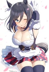 Rule 34 | 1girl, animal ears, arm behind head, arm up, armpits, black hair, black sleeves, black thighhighs, blue eyes, blush, breasts, cleavage, commentary request, dated, eishin flash (umamusume), frilled skirt, frills, hair between eyes, highres, hirota fruit, horse ears, horse girl, horse tail, large breasts, layered sleeves, long hair, long sleeves, looking at viewer, one eye closed, parted lips, petals, puffy short sleeves, puffy sleeves, short over long sleeves, short sleeves, sitting, skirt, solo, striped clothes, striped skirt, tail, thighhighs, twitter username, umamusume, vertical-striped clothes, vertical-striped skirt, white background, white sleeves