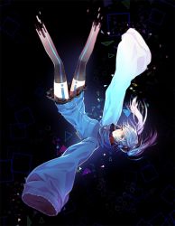Rule 34 | 1girl, bad id, bad pixiv id, black background, black thighhighs, blue eyes, blue hair, ene (kagerou project), full body, headphones, kagerou project, miniskirt, sapphire (nine), skirt, sleeves past wrists, solo, thighhighs, twintails