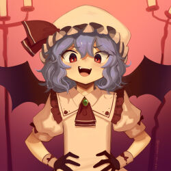 Rule 34 | 1girl, :d, ascot, bat wings, black gloves, blue hair, boa (brianoa), commentary, english commentary, fangs, frilled sleeves, frills, gloves, hands on own hips, hat, highres, medium hair, mob cap, open mouth, puffy short sleeves, puffy sleeves, red ascot, red eyes, remilia scarlet, short sleeves, smile, solo, touhou, white hat, wings