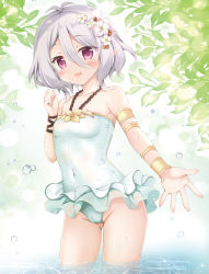 Rule 34 | 1girl, armband, blue one-piece swimsuit, blush, breasts, cameltoe, casual one-piece swimsuit, collarbone, flower, hair flower, hair ornament, highres, kokkoro (princess connect!), korie riko, leaf, looking at viewer, one-piece swimsuit, open mouth, pointy ears, princess connect!, purple eyes, purple hair, short hair, small breasts, smile, splashing, standing, swimsuit, swimsuit skirt, tree, wading, water, wet, wristband