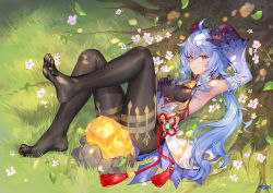 Rule 34 | 1girl, ahoge, arm up, armpits, atdan, bare shoulders, bell, black leotard, black pantyhose, blue hair, breasts, cowbell, day, detached collar, detached sleeves, feet, fine fabric emphasis, flower, ganyu (genshin impact), gem, genshin impact, goat horns, gold trim, horns, knees up, leaf, leg up, leotard, long hair, long sleeves, looking at viewer, low ponytail, lying, medium breasts, no shoes, on back, outdoors, pantyhose, purple eyes, rock, rope, solo, sunlight, tassel, tree, tree shade, waist cape, white flower