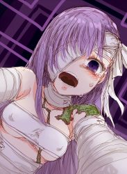 Rule 34 | 1girl, bandages, bandaged arm, bandaged head, bandages, bare shoulders, breasts, commentary request, crying, crying with eyes open, dutch angle, covered erect nipples, fate/grand order, fate (series), highres, hourai kochou, kingprotea (fate), long hair, looking at viewer, moss, one eye covered, open mouth, outstretched arms, purple background, purple eyes, purple hair, small breasts, solo, strapless, tears, teeth, tube top, underboob, upper body, uvula