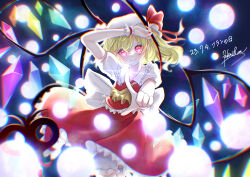 Rule 34 | 1girl, 2023, 72mikan 1687, absurdres, arm up, ascot, back bow, black background, blonde hair, blurry, blush, bow, closed mouth, collar, commentary, cowboy shot, crystal, danmaku, dated, depth of field, english commentary, eyelashes, flandre day, flandre scarlet, floating clothes, frilled cuffs, frilled shirt collar, frilled skirt, frills, glowing, glowing eyes, hair between eyes, hat, hat bow, hat ribbon, highres, holding, holding weapon, index finger raised, laevatein (touhou), long hair, looking at viewer, mob cap, pointing, pointing at viewer, puffy short sleeves, puffy sleeves, rainbow order, red bow, red eyes, red ribbon, red skirt, red vest, red wrist cuffs, ribbon, shirt, short sleeves, signature, simple background, skirt, smile, solo, standing, touhou, vest, weapon, white bow, white collar, white hat, white shirt, wings, wrist cuffs, yellow ascot