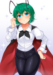 Rule 34 | 1girl, antennae, black cape, black pants, blue eyes, breasts, cape, collarbone, collared shirt, cowboy shot, daichi (tokoya), green hair, hand in own hair, hand on own hip, highres, long sleeves, o3o, pants, red cape, shirt, short hair, simple background, small breasts, sparkle, tomboy, touhou, two-sided cape, two-sided fabric, white background, white shirt, wriggle nightbug