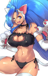 Rule 34 | 1girl, animal ears, animal hands, bare shoulders, bell, big hair, bikini, blue eyes, blue hair, breasts, capcom, cat cutout, cat ear panties, cat ears, cat lingerie, cleavage, cleavage cutout, clothing cutout, fang, felicia (vampire), jingle bell, large breasts, long hair, looking at viewer, matching hair/eyes, meme attire, navel, negresco, open mouth, panties, side-tie panties, simple background, solo, swimsuit, tail, thick thighs, thighhighs, thighs, underwear, underwear only, vampire (game), very long hair, white background, white thighhighs