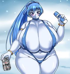 Rule 34 | 1girl, akagi, alcohol, aoi (gegege no kitarou), areola slip, astraea13, beer, blue eyes, blue hair, blue skin, blush, breasts, can, cleavage, colored skin, covered erect nipples, fat, gegege no kitarou, gigantic breasts, hair ribbon, highres, huge breasts, large areolae, long hair, looking at viewer, lotion, matching hair/eyes, navel, parted lips, plump, ponytail, ribbon, slingshot swimsuit, smile, solo, sunscreen, swimsuit, thick thighs, thighs, wide hips, yuki onna