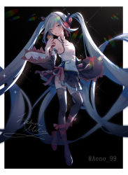 Rule 34 | 1girl, absurdly long hair, aono 99, aqua eyes, aqua hair, bare shoulders, black background, black skirt, black sleeves, black thighhighs, cable, character name, chinese clothes, detached sleeves, diffraction spikes, flower, full body, hair flower, hair ornament, hand up, hatsune miku, highres, holding, holding microphone, lens flare, long hair, looking at viewer, looking to the side, microphone, miniskirt, open mouth, outstretched arm, pleated skirt, rainbow, red ribbon, resolution mismatch, ribbon, shirt, skirt, sleeveless, sleeveless shirt, solo, source larger, standing, thighhighs, twintails, twitter username, very long hair, vocaloid, white shirt, wide sleeves, zettai ryouiki