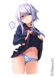 Rule 34 | 1girl, black serafuku, clothes lift, crescent, crescent hair ornament, ebifurya, hair ornament, highres, kantai collection, lifted by self, long hair, long sleeves, looking at viewer, navel, open mouth, panties, pleated skirt, purple hair, school uniform, serafuku, short hair with long locks, simple background, skirt, skirt lift, solo, striped clothes, striped panties, underwear, white background, yayoi (kancolle)