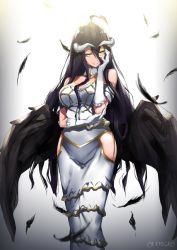 Rule 34 | 1girl, albedo (overlord), black feathers, black hair, black wings, breasts, cleavage, curvy, demon horns, dress, feathered wings, feathers, female focus, gloves, gradient background, hand on own cheek, hand on own face, hip vent, horns, large breasts, long hair, looking at viewer, low wings, neo-masterpeacer, overlord (maruyama), smile, solo, wide hips, wings, yellow eyes