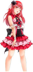 Rule 34 | 1girl, audrey belrose, choker, corset, frilled skirt, frills, game cg, highres, hunie pop, lolita fashion, ninamo, one eye closed, plaid, red eyes, red hair, ribbon, ribbon choker, simple background, skirt, solo, tongue, tongue out, white background, wink