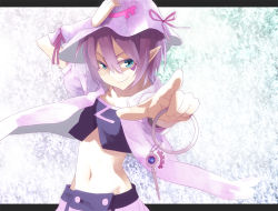 Rule 34 | 1girl, adjusting clothes, adjusting headwear, bad id, bad pixiv id, blue eyes, female focus, hanibi, hat, charm (object), letterboxed, merry nightmare, midriff, pointing, pointy ears, purple hair, smile, solo, yumekui merry