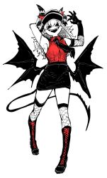 Rule 34 | 1girl, :d, androgynous, arm behind head, armpits, asymmetrical horns, bat wings, black skirt, black wings, contrapposto, demon girl, demon horns, demon tail, evil smile, fishnet thighhighs, fishnets, hat, highres, horns, ink (medium), limited palette, long hair, long tail, necktie, open mouth, pencil skirt, pointy ears, police hat, red shirt, sharp teeth, shirt, simple background, skirt, smile, spot color, tail, teeth, thighhighs, traditional media, vampire, white background, wings, yakunitatsu node chi o kudasai, zyugoya