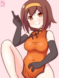 Rule 34 | 1girl, artist logo, black gloves, blush, breasts, brown eyes, brown hair, china dress, chinese clothes, dated, dress, elbow gloves, gloves, gradient background, hairband, kanon (kurogane knights), kantai collection, medium breasts, one-hour drawing challenge, orange dress, orange hairband, pink background, shiratsuyu (kancolle), short hair, smile, solo