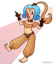 Rule 34 | 1girl, arabian clothes, barefoot, blue hair, blush, borrowed character, brown eyes, brown gloves, brown hair, brown pants, brown shirt, choker, clown nose, dakunart, gloves, harem pants, highres, index finger raised, long hair, looking to the side, midriff, multicolored hair, navel, open mouth, pants, pink background, ponytail, ribon (danielstudios), shirt, smile, standing, teeth, two-tone background, two-tone hair, white background