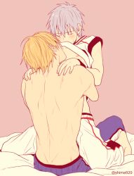 Rule 34 | 2boys, back, barefoot, basketball uniform, blonde hair, blue hair, blue pants, blush, closed eyes, clothes lift, commentary request, couple, facing another, facing away, from behind, hands on another&#039;s shoulders, kise ryouta, kuroko no basuke, kuroko tetsuya, male focus, mashima shima, multiple boys, nipples, on bed, pants, pink background, shirt, shirt lift, short hair, simple background, sitting, sleeveless, sleeveless shirt, sportswear, sweat, toned, toned male, track pants, twitter username, white pants, white shirt, yaoi
